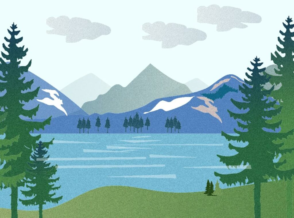 Un lac de montagne, pur et bleu avec des sapin autours