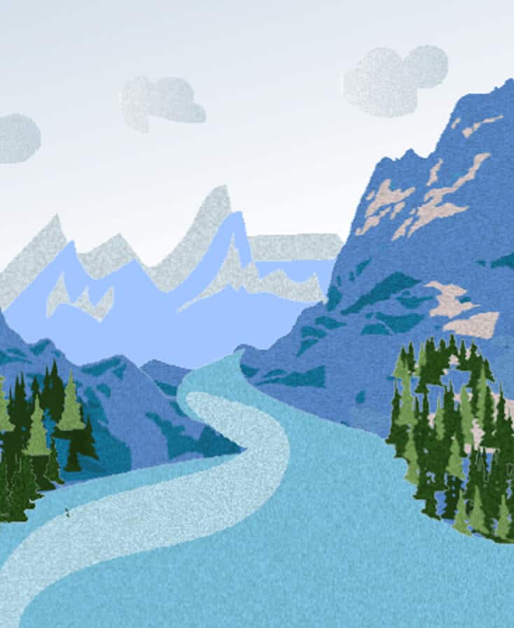 Une rivière pure et bleue qui coule paisiblement entre les montagnes