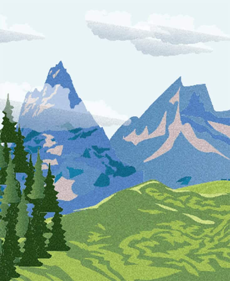 Une prairie verte avec des montagnes en arrière plan
