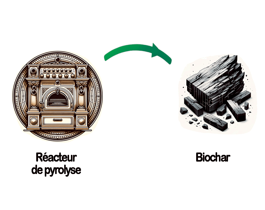 Production du biochar : le schéma montre le biochar qui sort du four de pyrolyse.