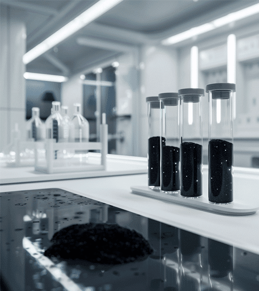 Quatre éprouvettes pleines de biochar dans un laboratoire