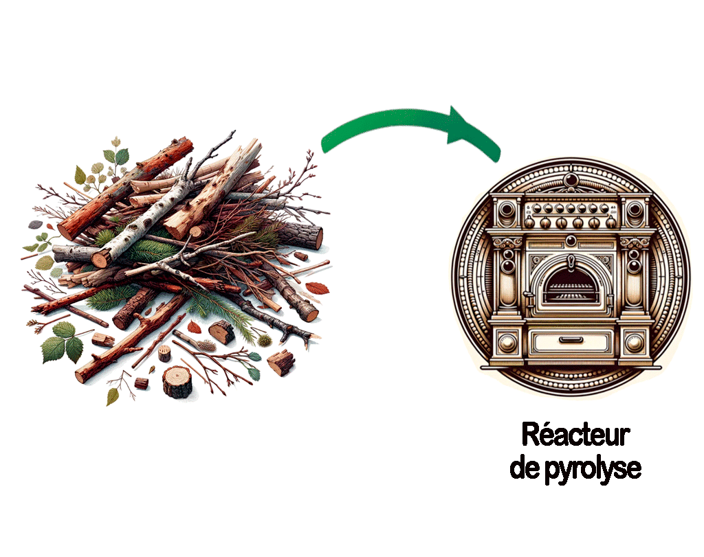 Schéma représentant la première phase de la pyrolyse de la matière végétale : on voit des morceaux de bois qui se dirigent vers un four de pyrolyse.