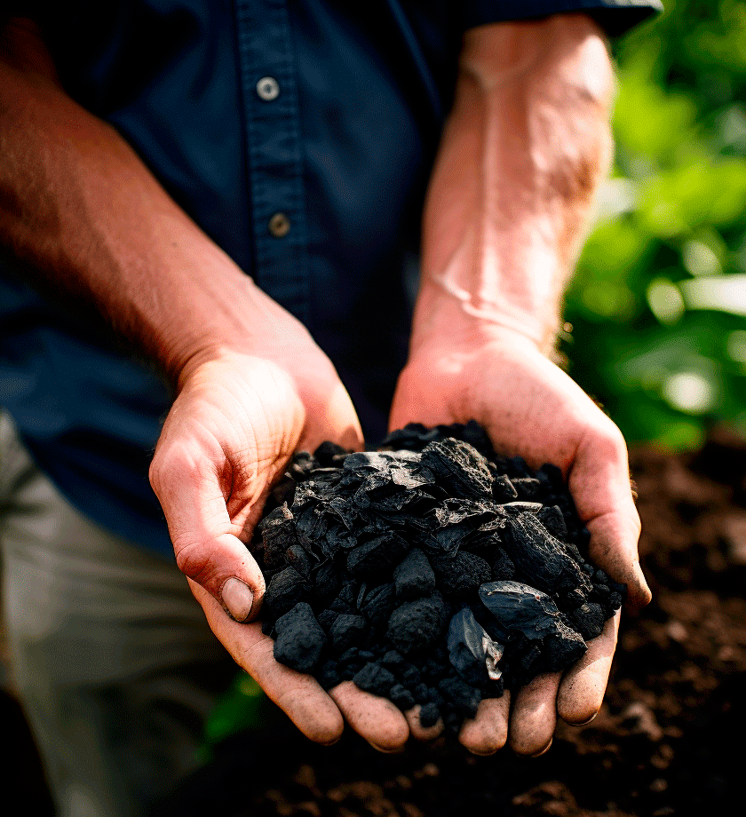 Un homme dans la nature avec les manches de sa chemise relevées, présente ses deux mains pleines de biochar