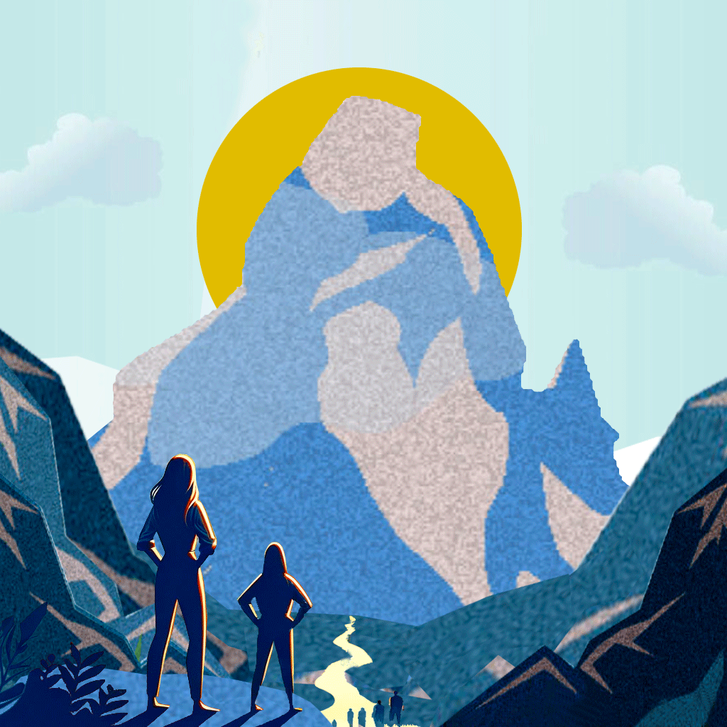 Deux personnes les mains sur les hanches regardent une montagne à gravir. Image symbolisant le défit que l'humanité a à relever pour contrer le réchauffement climatique.