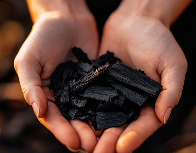 deux mains pleines de biochar, le présentant comme un produit précieux. Illustration de la capacité du biochar à stocker du dioxyde de carbone.