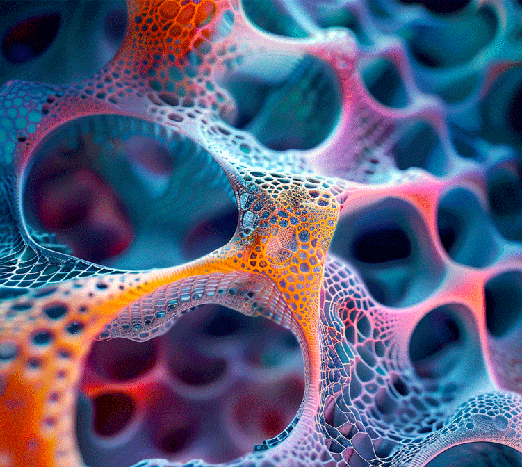 structure microscopique du biochar avec des reflets arc-en-ciel, mettant en avant sa grande porosité