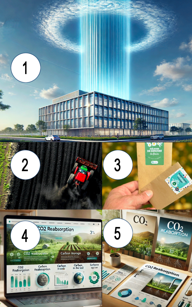 résumé visuel de l'offre entreprise. l'image se décompose en 5 partie : 1réabsortpion du CO2 : on voit une colonne bleue au dessus d'une entreprise, 2 intégration dans le sol : on voit un tracteur qui enfoui du CO2 dans un champs, 3 sachets de graines, 4 espace internet : un ordinateur avec une page qui présente le projet de l'entreprise, 5 kit de communication : des affiches et flyers
