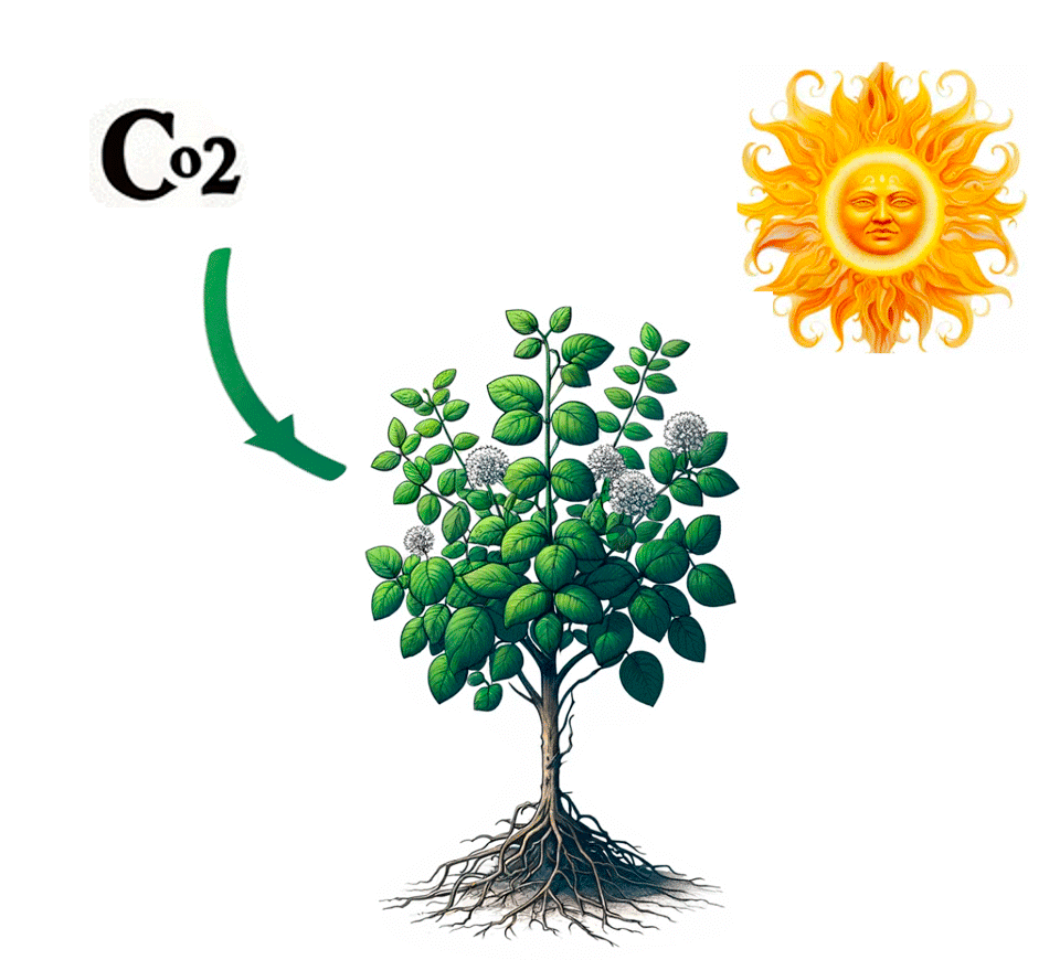 schéma présentant le principe de la photosynthèse. On voit du CO2 gazeux de l'atmosphère être absorbé par une plante grâce à l'énergie du soleil.