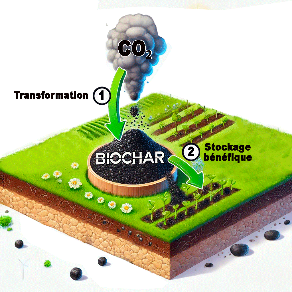 Schéma présentant le Stockage du carbone dans le sol grâce au biochar : on voit un nuage de dioxyde de carbone se transformer en biochar solide puis aller dans le sol